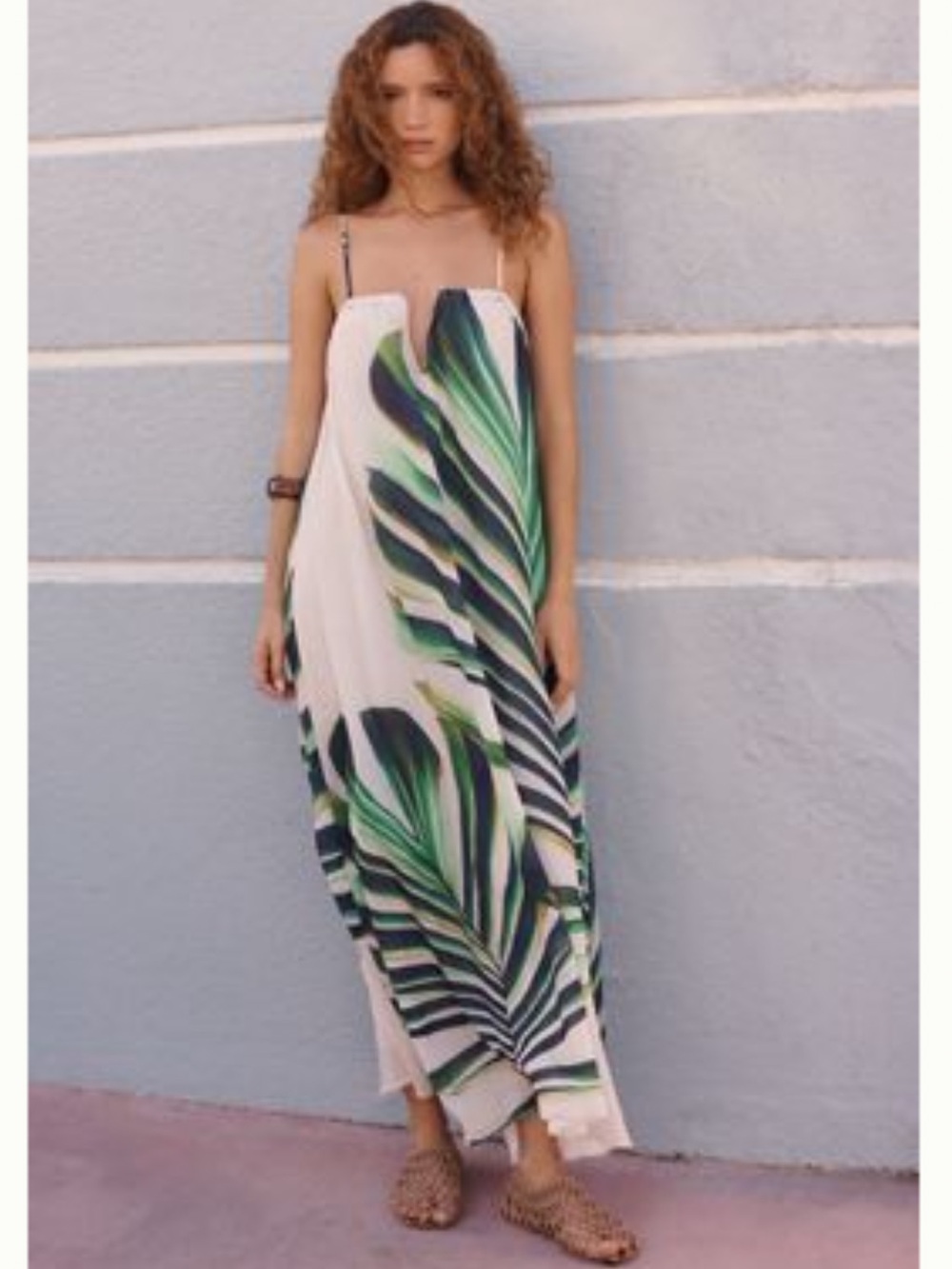 Spaghetti-Strap Maxi Dress with Green Tropical Leaf Print - Women